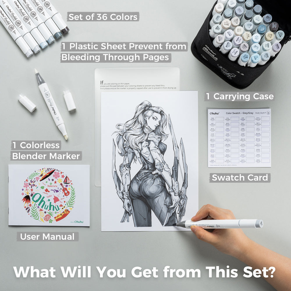 Ohuhu Honolulu 36 Gray Tone Colors Dual Tips Alcohol Art Markers (Brazil Domestic Shipping)