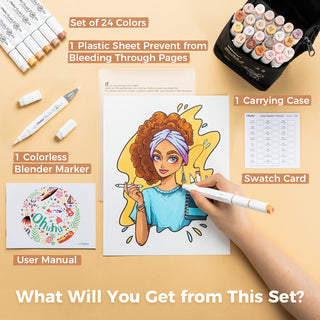 Ohuhu Honolulu 24 Skin Tone Colors Dual Tips Portrait Alcohol Art Markers (New Color Codes)