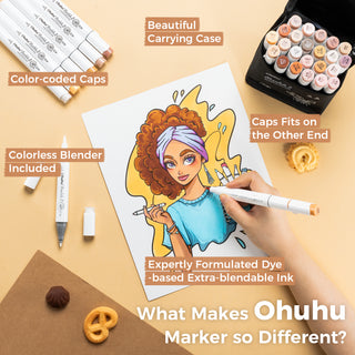 Ohuhu Honolulu 24 Skin Tone Colors Dual Tips Portrait Alcohol Art Markers (New Color Codes)