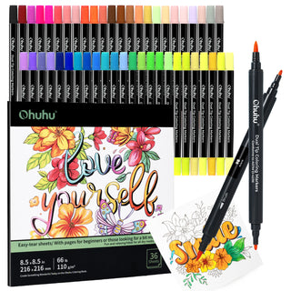 Ohuhu Water Based Brush & Fine Tips Art Markers with Bleed-Proof Coloring Book