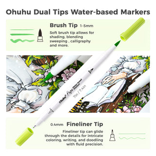 Ohuhu Pupe Paper-friendly (No Peeling) Brush and Fineliner Dual Tips 60 Colors Water-based Coloring Markers