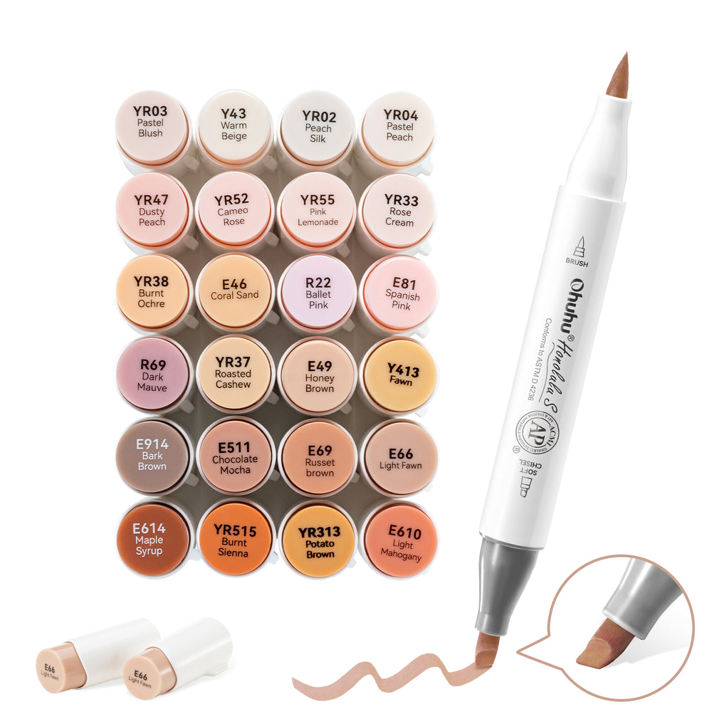 Ohuhu Honolulu S 24 Skin Tone Colors Dual Soft Tips Alcohol Art Markers, Brush & Soft Chisel