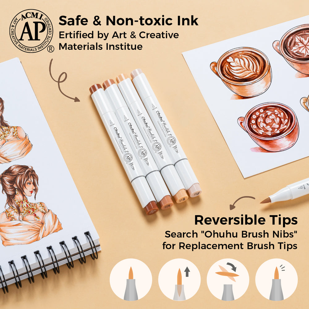 Ohuhu Honolulu S 24 Skin Tone Colors Dual Soft Tips Alcohol Art Markers, Brush & Soft Chisel