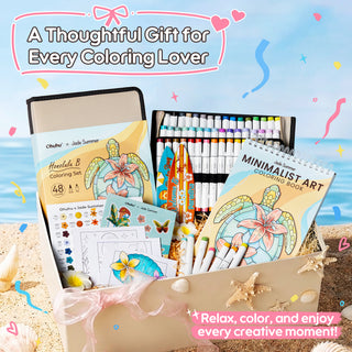 Ohuhu x Jade Summer Alcohol Markers & Coloring Book Set, 47 Colors + 1 Colorless Blender, Honolulu B, Brush & Fine Dual Tips