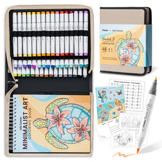 Ohuhu x Jade Summer Alcohol Markers & Coloring Book Set, 47 Colors + 1 Colorless Blender, Honolulu B, Brush & Fine Dual Tips
