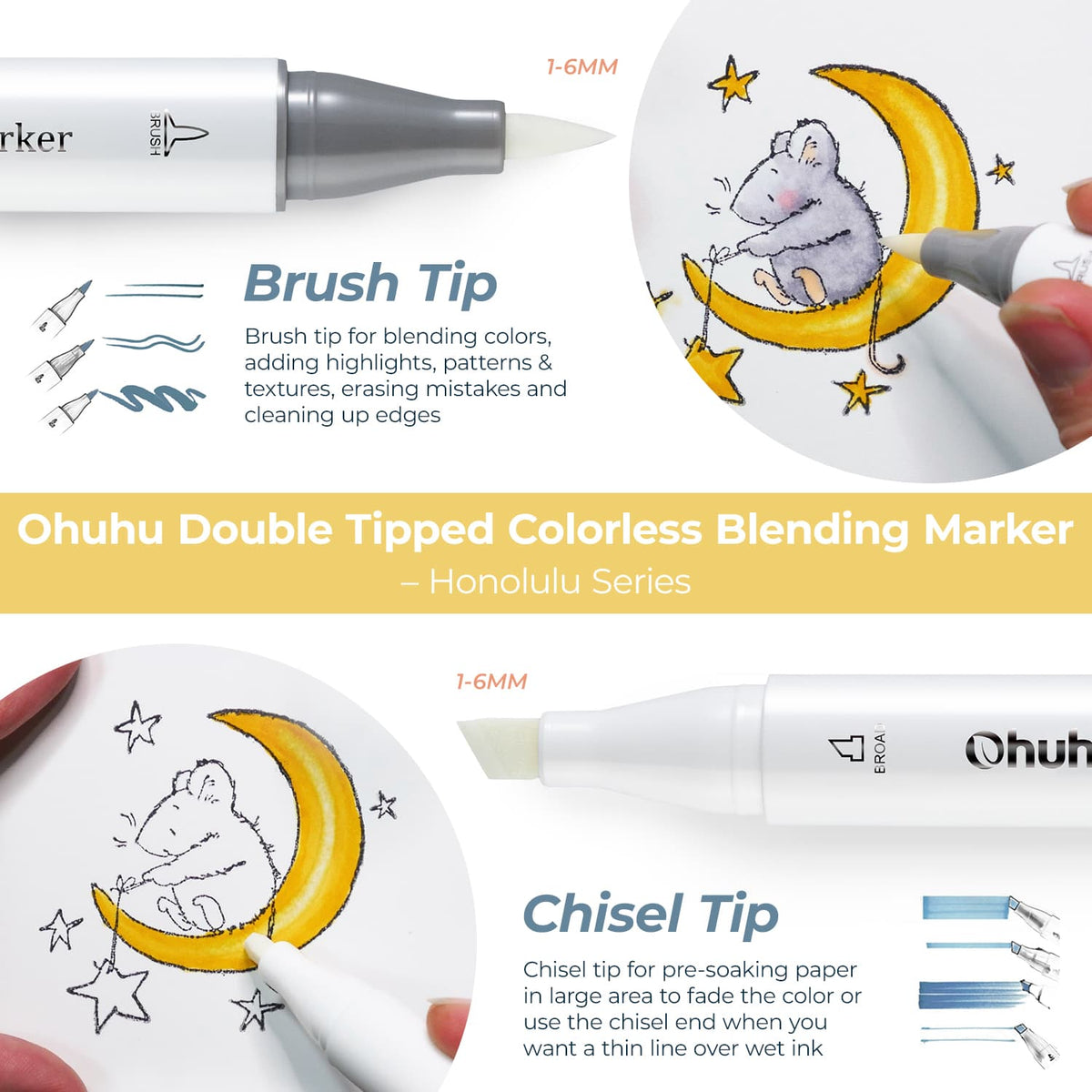 Ohuhu Honolulu Colorless Blender Marker Pack of 6